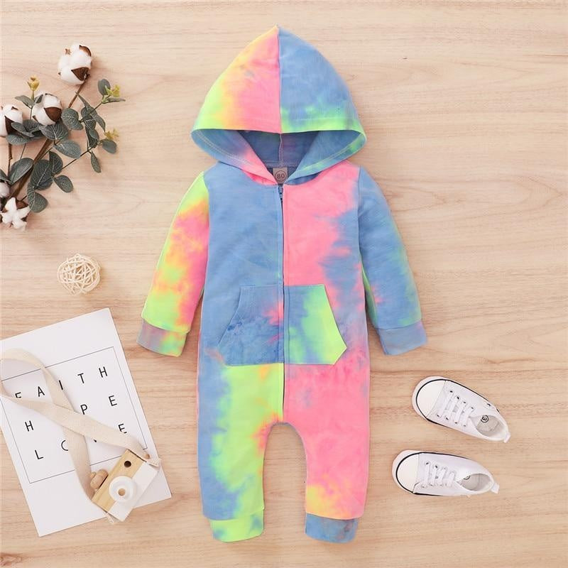 Baby Rompers Cute Infant Tie Dye Print Hooded Romper Jumpsuits One-Pieces 0-18M - MomyMall