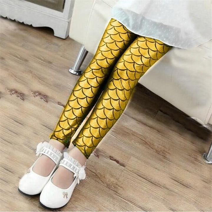 Girls Leggings Mermaid Leggings Pants Colorful Shiny Pants Slim Trousers - MomyMall Gold / 2-3 Years
