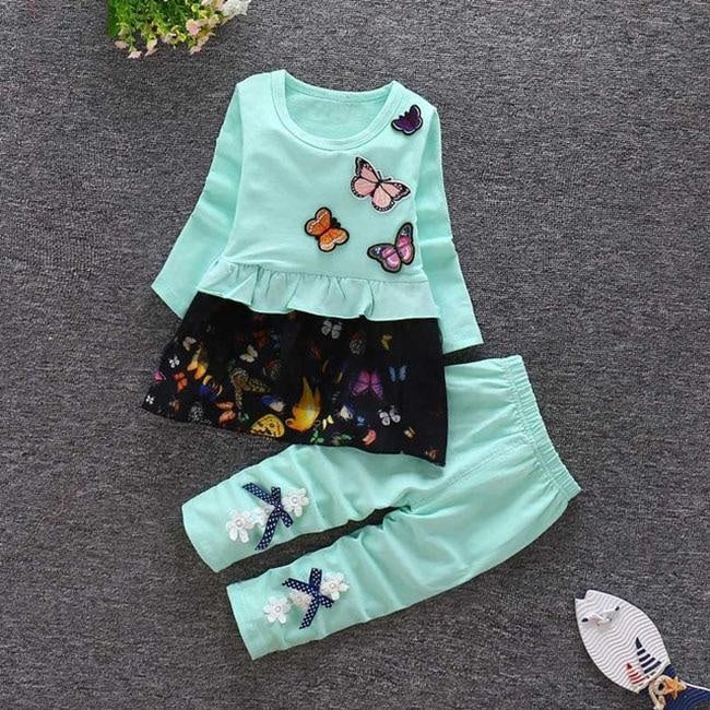 Toddler Girls Outfits Butterfly Patchwork 2 Pcs Suits - MomyMall green / 6-12 Months