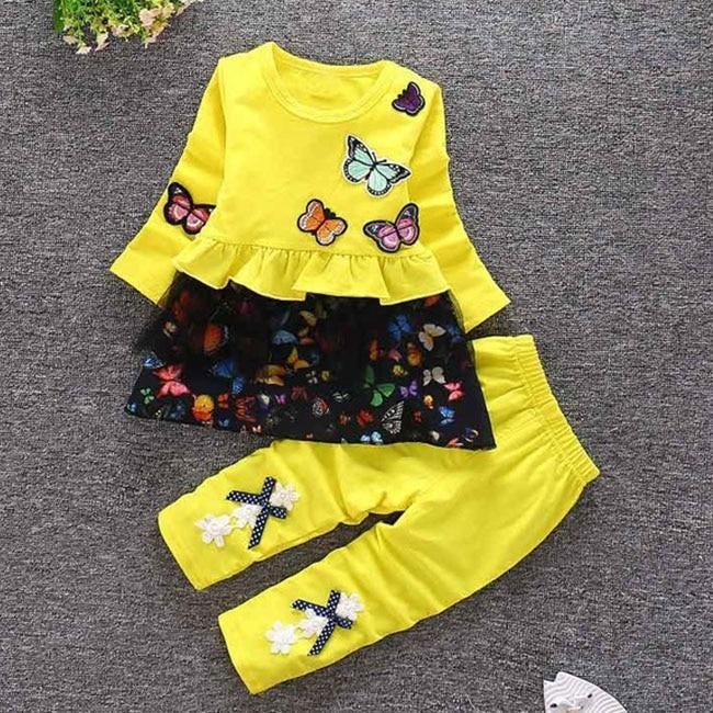 Toddler Girls Outfits Butterfly Patchwork 2 Pcs Suits - MomyMall yellow / 6-12 Months