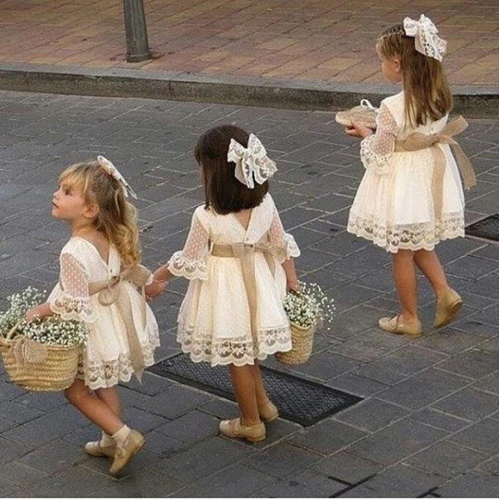 Baby Girls Bridesmaid White Fashion Party Lace Bow Dresses 0-5Y - MomyMall white / 3 to 6 Months