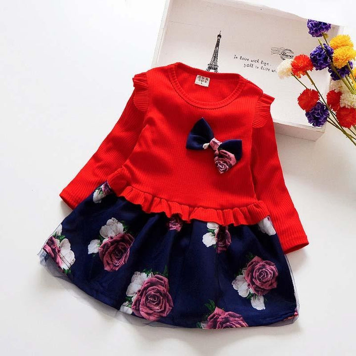 Girls Dress Long Sleeve Floral Dresses Fashion Casual Dress 2-7T - MomyMall red / 24M