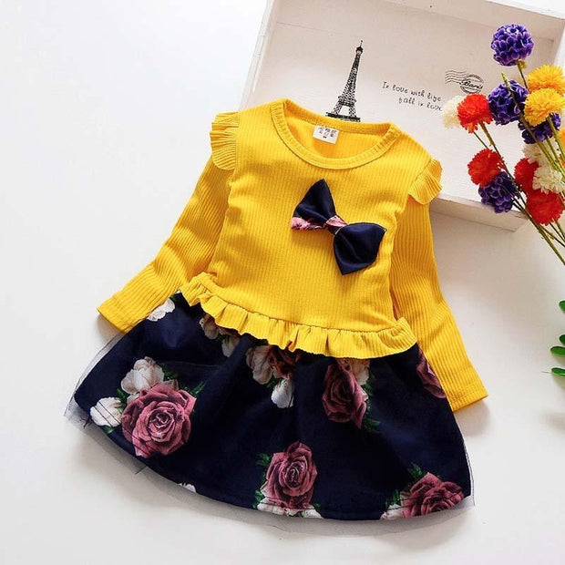 Girls Dress Long Sleeve Floral Dresses Fashion Casual Dress 2-7T - MomyMall yellow / 24M