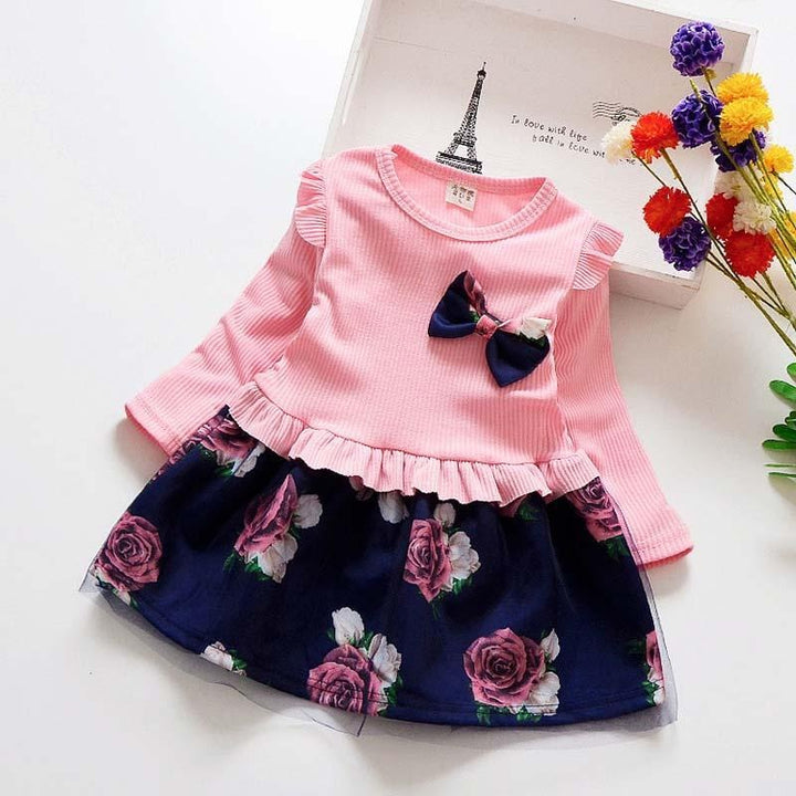 Girls Dress Long Sleeve Floral Dresses Fashion Casual Dress 2-7T - MomyMall pink / 24M