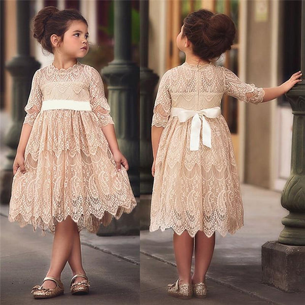 Girls Dress Flower Lace Hollow Party Frocks Dress - MomyMall champagne / 2-3 Years