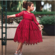 Girls Dress Flower Lace Hollow Party Frocks Dress - MomyMall red / 2-3 Years