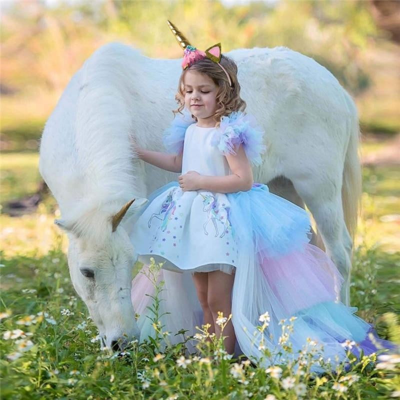 Girls Unicorn Rainbow Tulle Dress With Headband - Birthday Party, Princess Costume