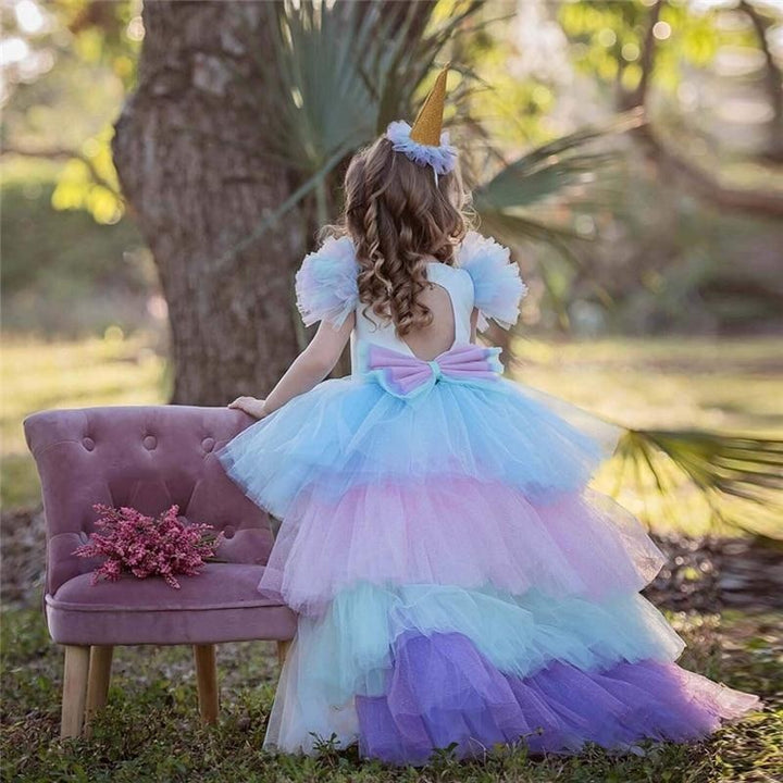 Girls Unicorn Dress Birthday Party Rainbow Ball Gown 4-10 Years - MomyMall