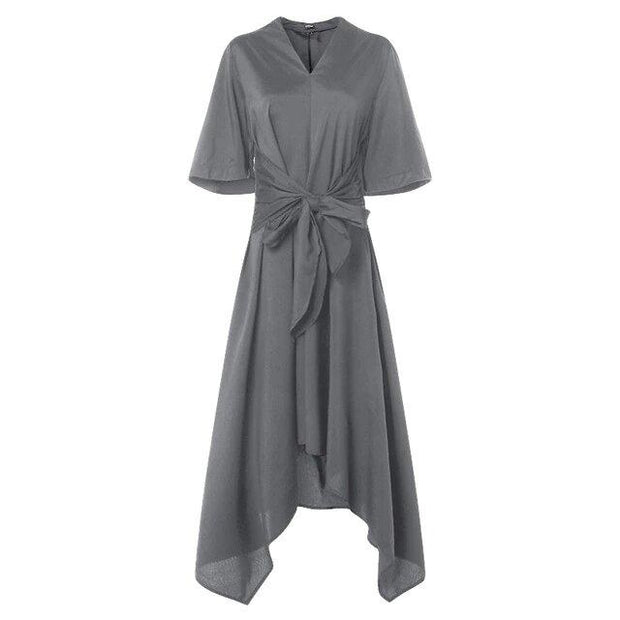 Plus Size Asymmetrical Midi Dress - 3/4 Sleeves With Tie Front Belt - MomyMall GREY / S