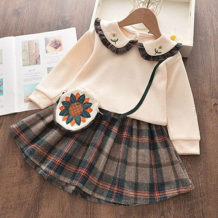 Toddler Girl Autumn Solid Turndown Collar Flower Top + Plaid Skirt + Bag Suit 3 Pcs - MomyMall