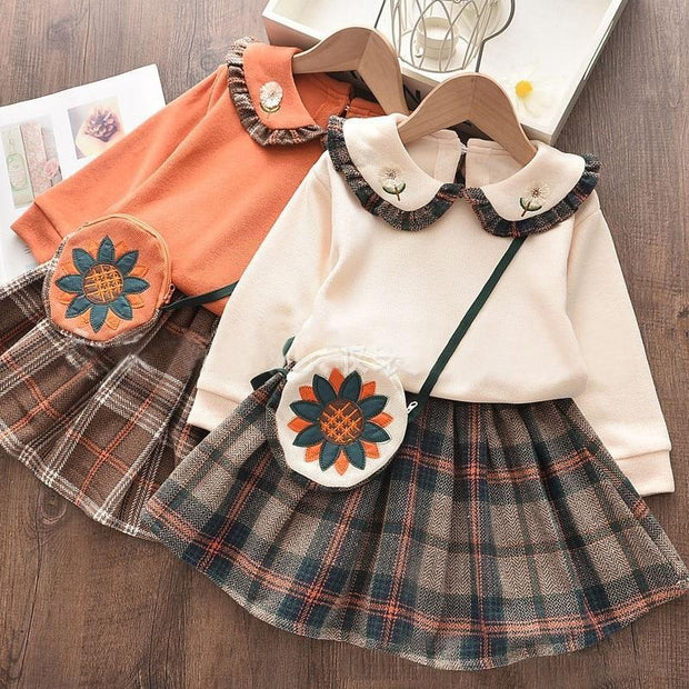 Toddler Girl Autumn Solid Turndown Collar Flower Top + Plaid Skirt + Bag Suit 3 Pcs - MomyMall