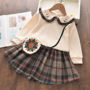 Toddler Girl Autumn Solid Turndown Collar Flower Top + Plaid Skirt + Bag Suit 3 Pcs - MomyMall beige / 2-3 years