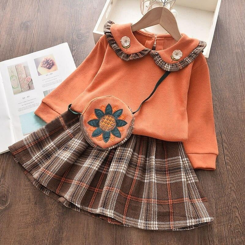 Toddler Girl Autumn Solid Turndown Collar Flower Top + Plaid Skirt + Bag Suit 3 Pcs - MomyMall