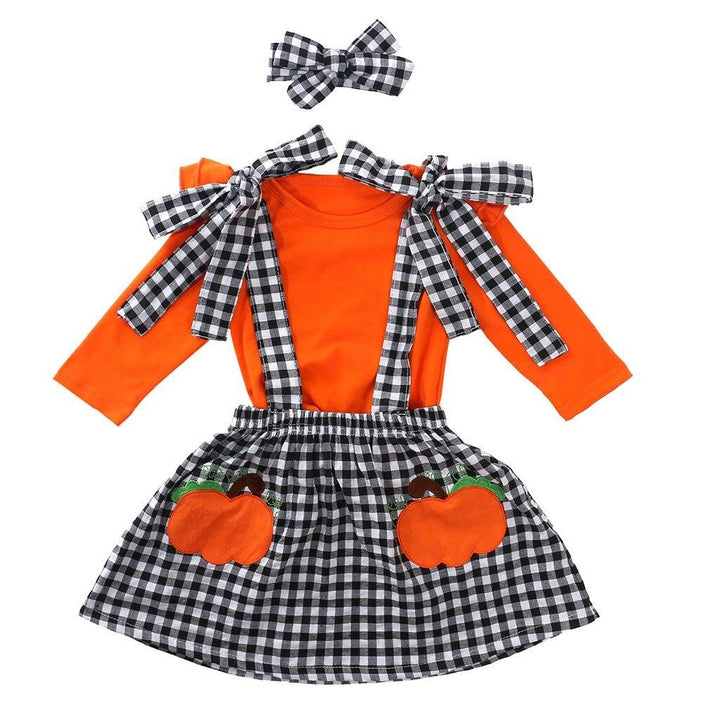 Toddler Girls Halloween Outfits Tops+ Plaid Skirt+ Headbands 3 Pcs 1-5 Years