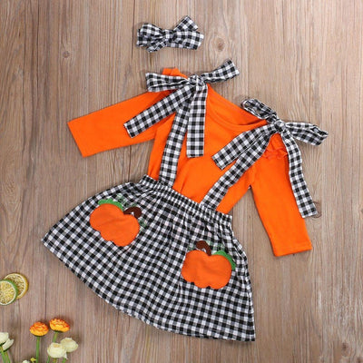 Toddler Girls Halloween Outfits Tops+ Plaid Skirt+ Headbands 3 Pcs 1-5 Years