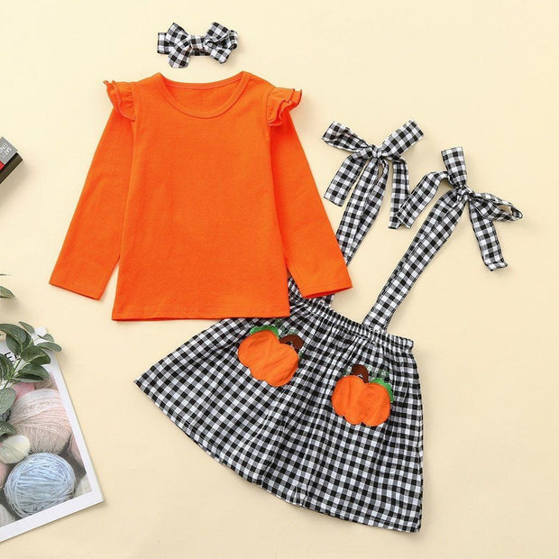 Toddler Girls Halloween Outfits Tops+ Plaid Skirt+ Headbands 3 Pcs 1-5 Years