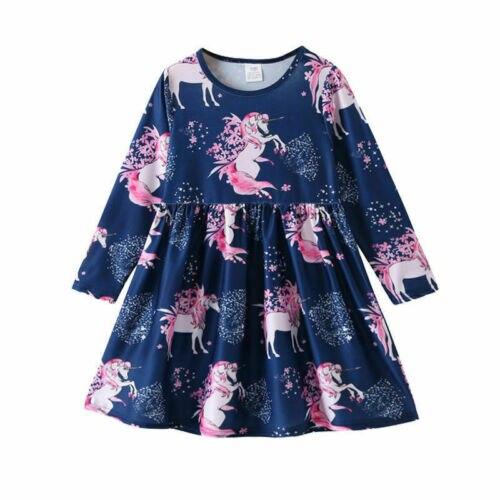 Baby Girls Dress Spring Cute Long Sleeve Unicorn Casual Dress 2-6 Years - MomyMall dark blue / 2-3 Years
