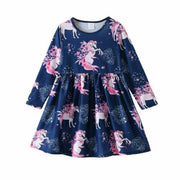 Baby Girls Dress Spring Cute Long Sleeve Unicorn Casual Dress 2-6 Years - MomyMall dark blue / 2-3 Years