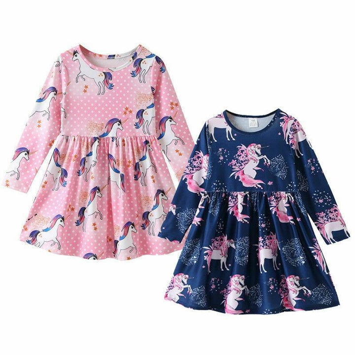 Baby Girls Dress Spring Cute Long Sleeve Unicorn Casual Dress 2-6 Years - MomyMall