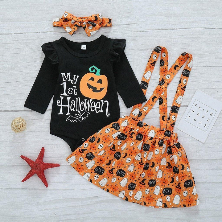 Toddler Baby Girls Halloween Print Romper Skirt Casual Pumpkin Outfits - MomyMall Black / 0-6M
