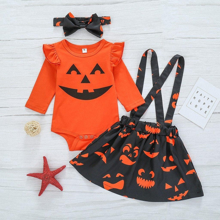 Toddler Baby Girls Halloween Print Romper Skirt Casual Pumpkin Outfits - MomyMall Orange / 0-6M