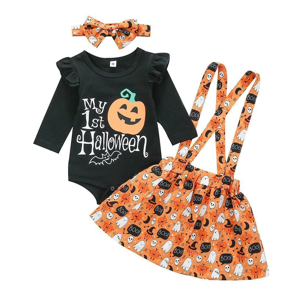 Toddler Baby Girls Halloween Print Romper Skirt Casual Pumpkin Outfits - MomyMall