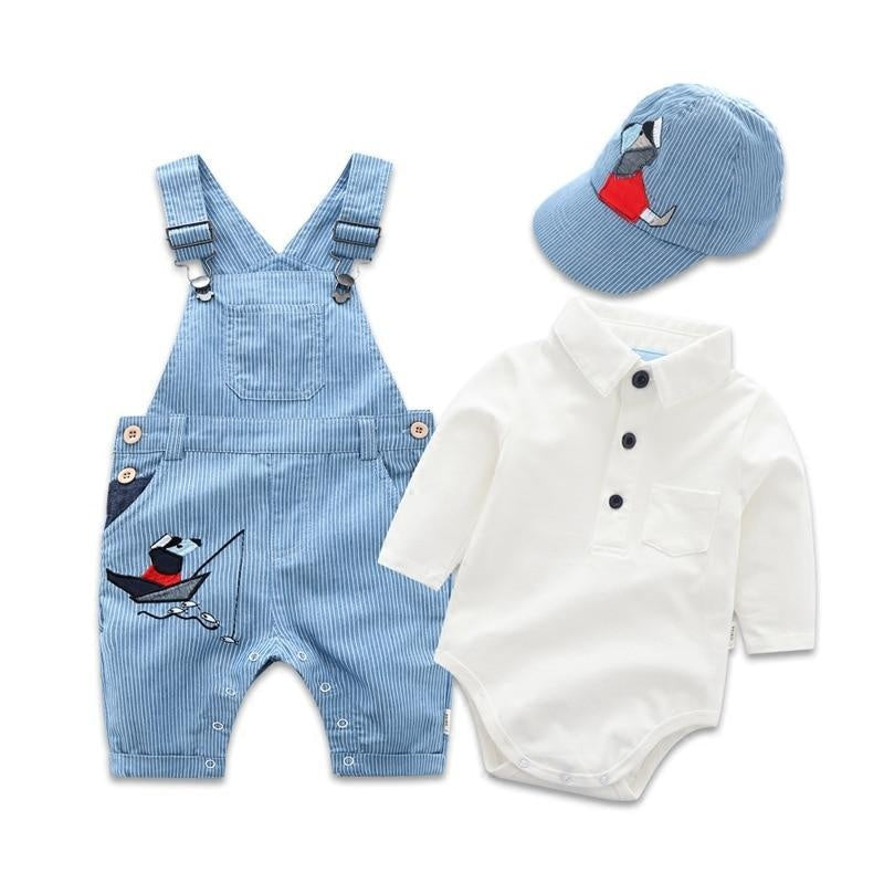 Toddler Boy Hat Romper Cotton Bib Long-sleeved Jumpsuit Suit 3Pcs 0-24M - MomyMall