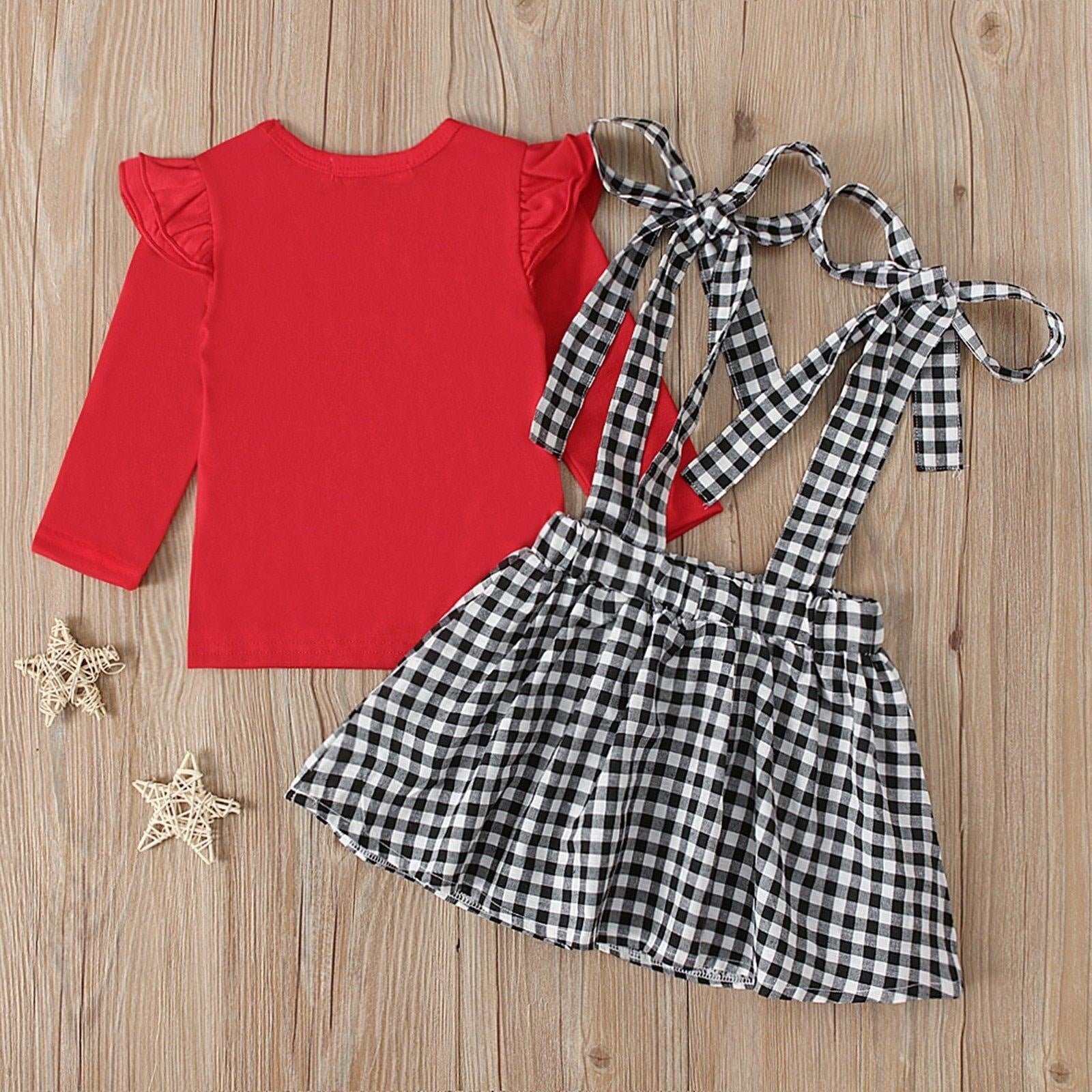 Baby Girls Valentine Ruffle Tops+Suspender Heart Plaid Skirts 2pcs - MomyMall