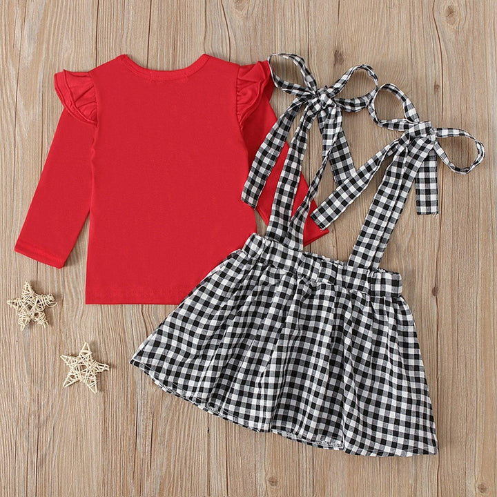 Baby Girls Valentine Ruffle Tops+Suspender Heart Plaid Skirts 2pcs - MomyMall