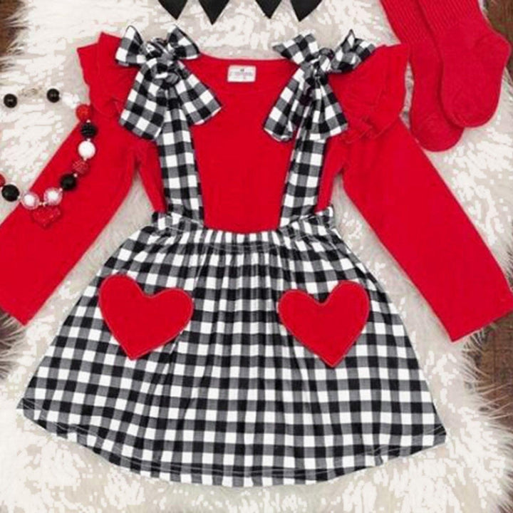 Baby Girls Valentine Ruffle Tops+Suspender Heart Plaid Skirts 2pcs - MomyMall Red / 6-12M
