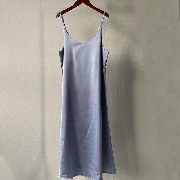 Basic Midi Satin Slip Dress - MomyMall BLUE / S