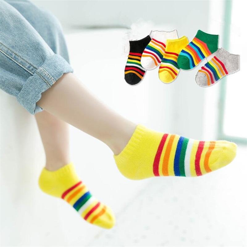 Kids Rainbow Striped Boys Girls Spring Autumn Striped Boat Socks 5 pair/1lot - MomyMall