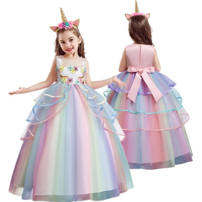 Flower Girl Unicorn Dress Wedding Party Rainbow Tutu Gown Birthday Dresses