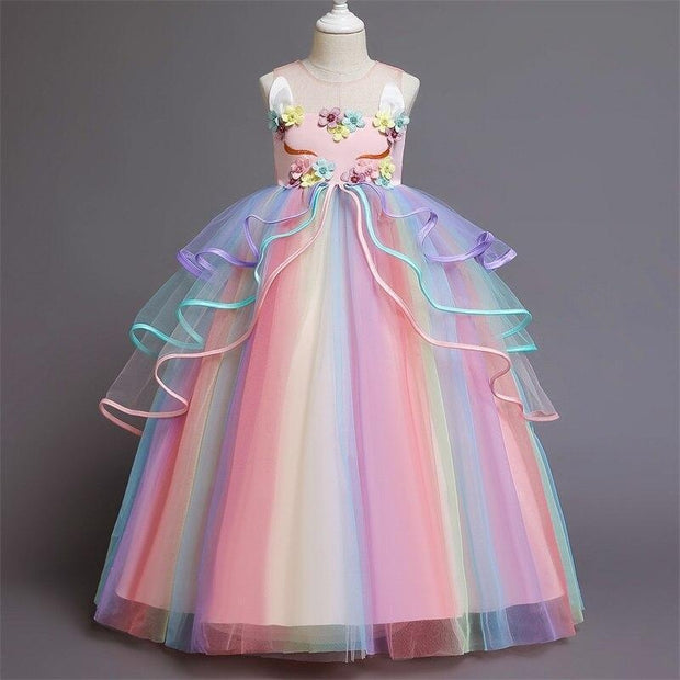 Flower Girl Unicorn Dress Wedding Party Rainbow Tutu Gown Birthday Dresses