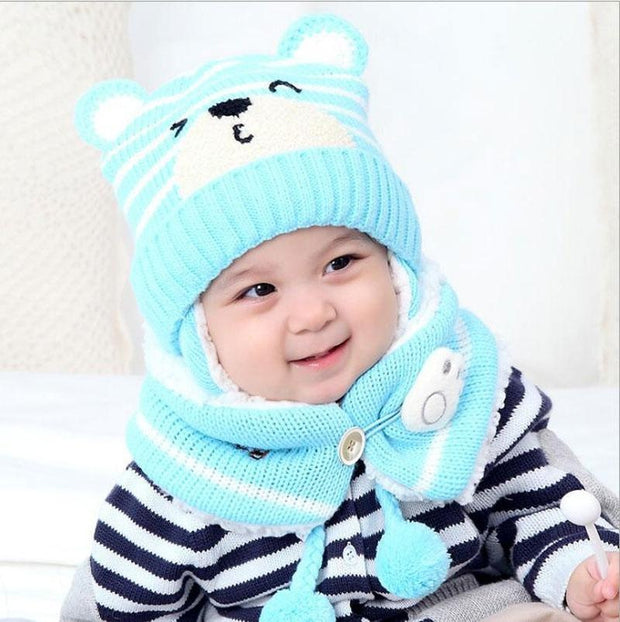 Unisex Kids Cartoon Bear Stripe Hats And Scarf Set Winter Warm Suit - MomyMall light blue / Hat Girth 46-50cm / 6-24 Month