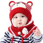 Unisex Kids Cartoon Bear Stripe Hats And Scarf Set Winter Warm Suit - MomyMall