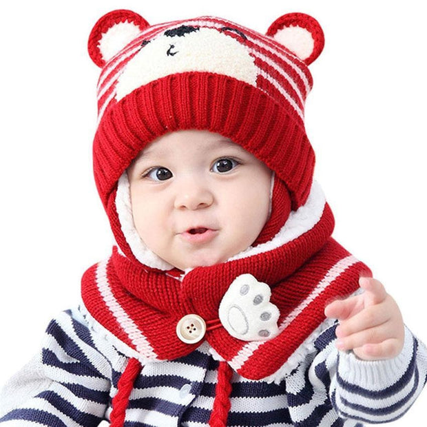 Unisex Kids Cartoon Bear Stripe Hats And Scarf Set Winter Warm Suit - MomyMall Red / Hat Girth 46-50cm / 6-24 Month