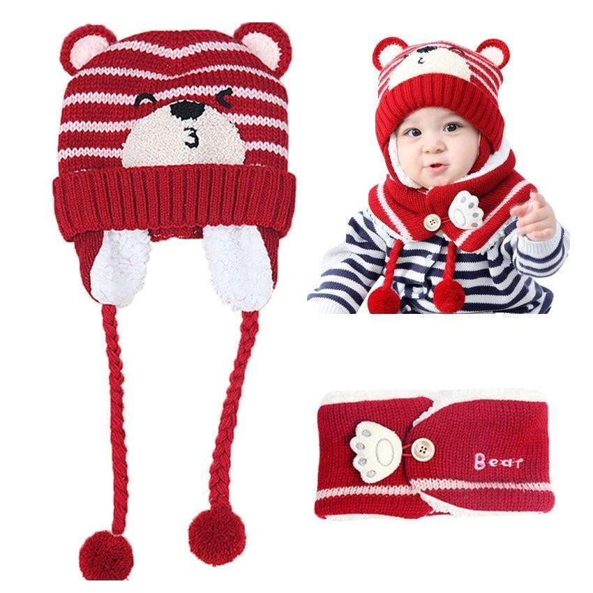 Unisex Kids Cartoon Bear Stripe Hats And Scarf Set Winter Warm Suit - MomyMall