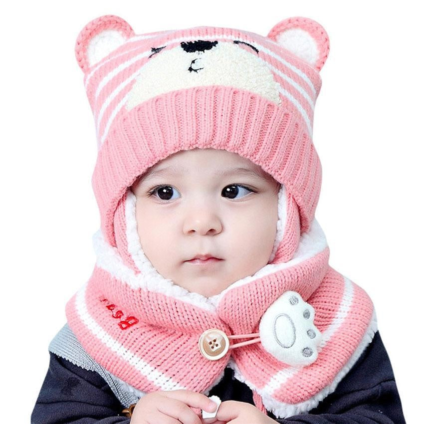 Unisex Kids Cartoon Bear Stripe Hats And Scarf Set Winter Warm Suit - MomyMall