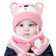 Unisex Kids Cartoon Bear Stripe Hats And Scarf Set Winter Warm Suit - MomyMall Pink / Hat Girth 46-50cm / 6-24 Month
