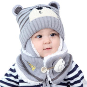 Unisex Kids Cartoon Bear Stripe Hats And Scarf Set Winter Warm Suit - MomyMall Gray / Hat Girth 46-50cm / 6-24 Month