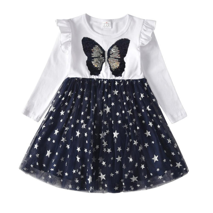 Kids Girls Autumn Dress Butterfly Sequins Princess Dresses 2- 8 Years - MomyMall White / 2-3 Years