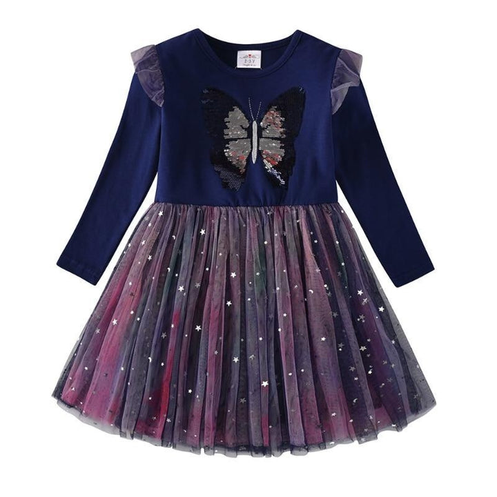 Kids Girls Autumn Dress Butterfly Sequins Princess Dresses 2- 8 Years - MomyMall Navy / 2-3 Years