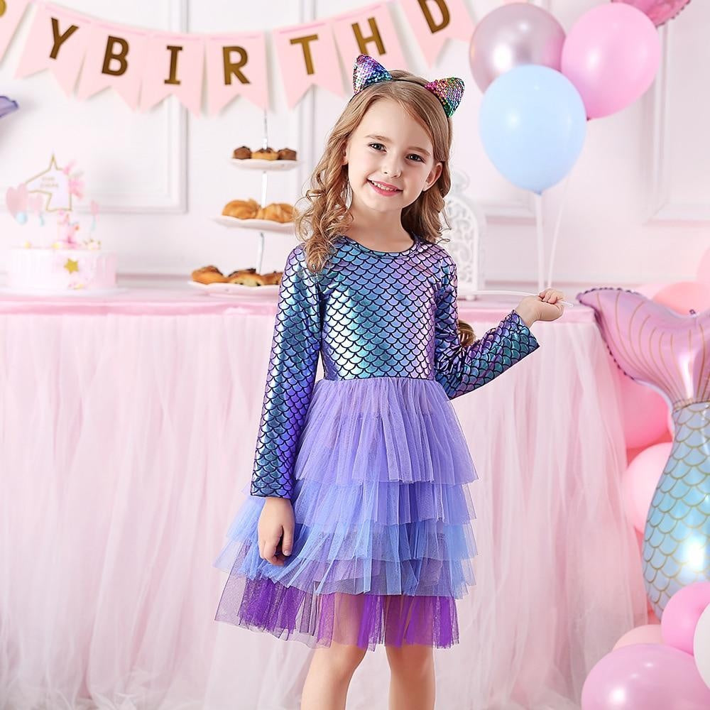 Girls Elegant Tutu Dress Long Sleeve Princess Vestidos Party Dresses 2-8 Years - MomyMall Blue and Purple / 2-3 Years