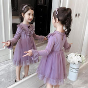 Girls Winter Autumn Dress Princess Mesh Ruffle Party Dresses 3-10 Years - MomyMall Purple / 11-12 Years