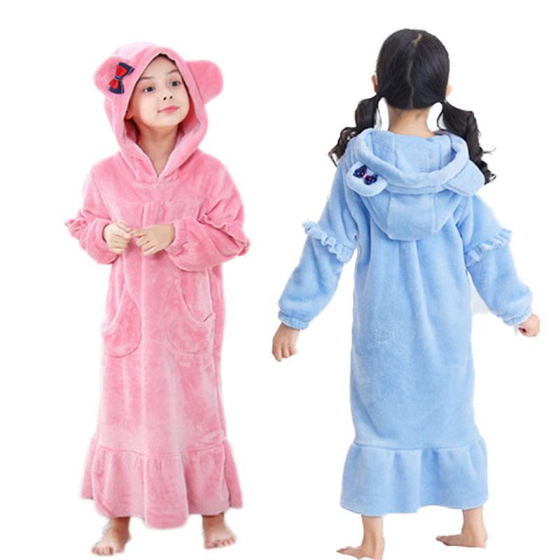 Winter Girls Boy Bathrobe Flannel Pajamas 2-12Y Hooded Sleepwear