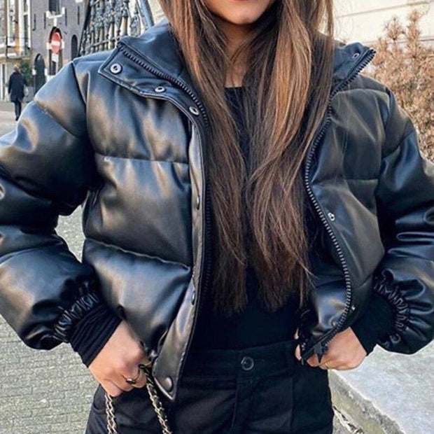 Faux Leather Jacket - High Collar Faux Leather Puffer Jacket