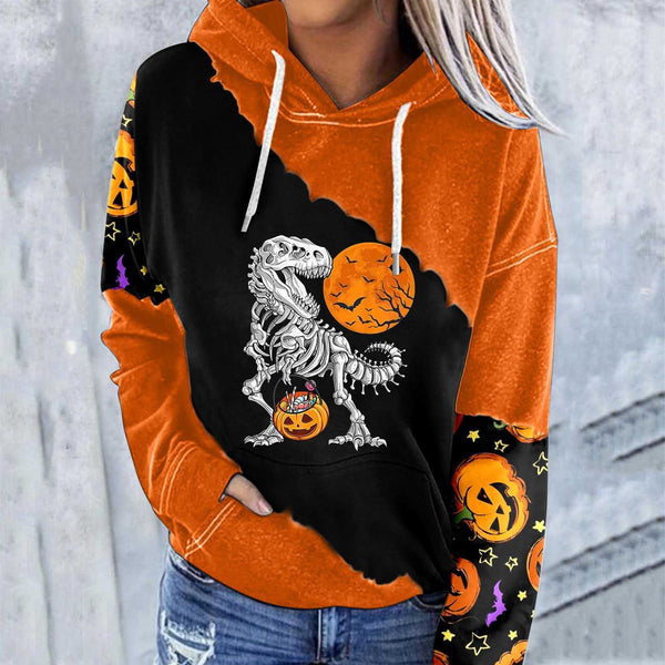 Halloween Print Colorblock Sleeve Pocket Sweatshirt - MomyMall Orange / S