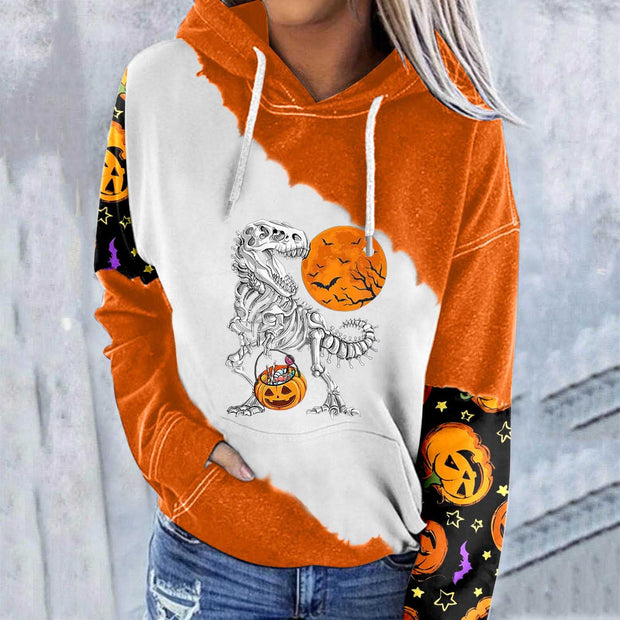 Halloween Print Colorblock Sleeve Pocket Sweatshirt - MomyMall White / S