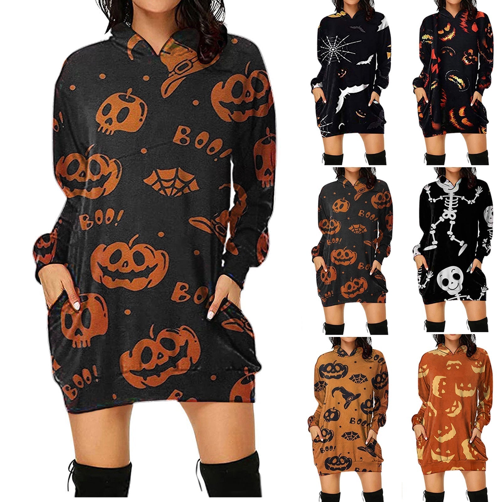 Loose Long Hoodie Casual Halloween Printed Dress - MomyMall